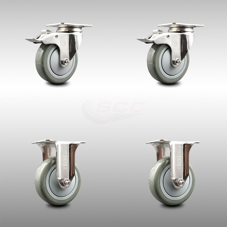 Service Caster 4 Inch 316SS Gray Polyurethane Swivel Top Plate Caster Lock Brake 2 Rigid, 2PK SCC-SS316TTL20S414-PPUB-2-R-2